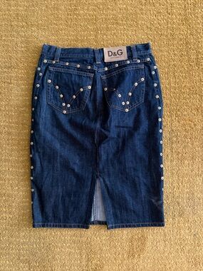 Dolce & Gabbana Dark Blue Studded Denim Pencil Skirt